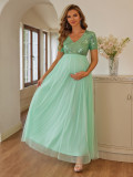 Sequined Mesh Patchwork V-neck Short sleeve maternity dress