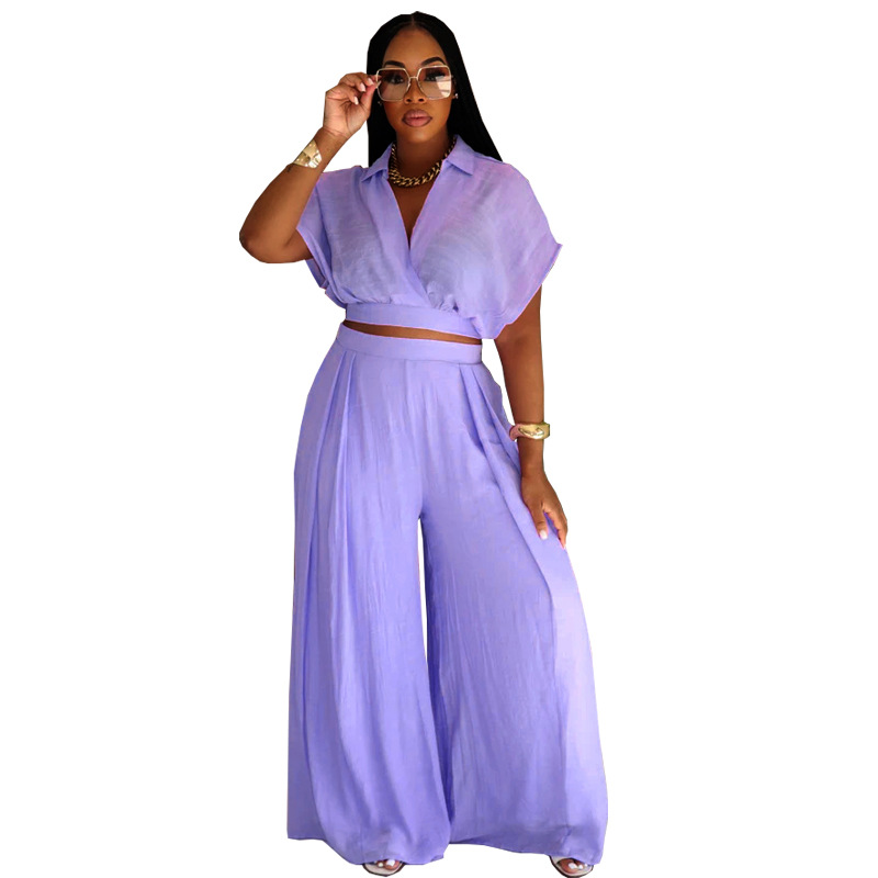 Women african solid turndown collar v neck top wide leg pants two piece set