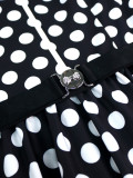 Plus Size Women Turndown Collar Black Polka Dot Belt Sleeveless Dress