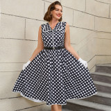 Plus Size Women Turndown Collar Black Polka Dot Belt Sleeveless Dress