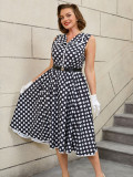Plus Size Women Turndown Collar Black Polka Dot Belt Sleeveless Dress
