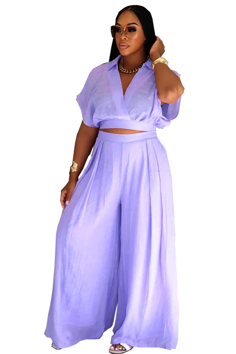 Women african solid turndown collar v neck top wide leg pants two piece set