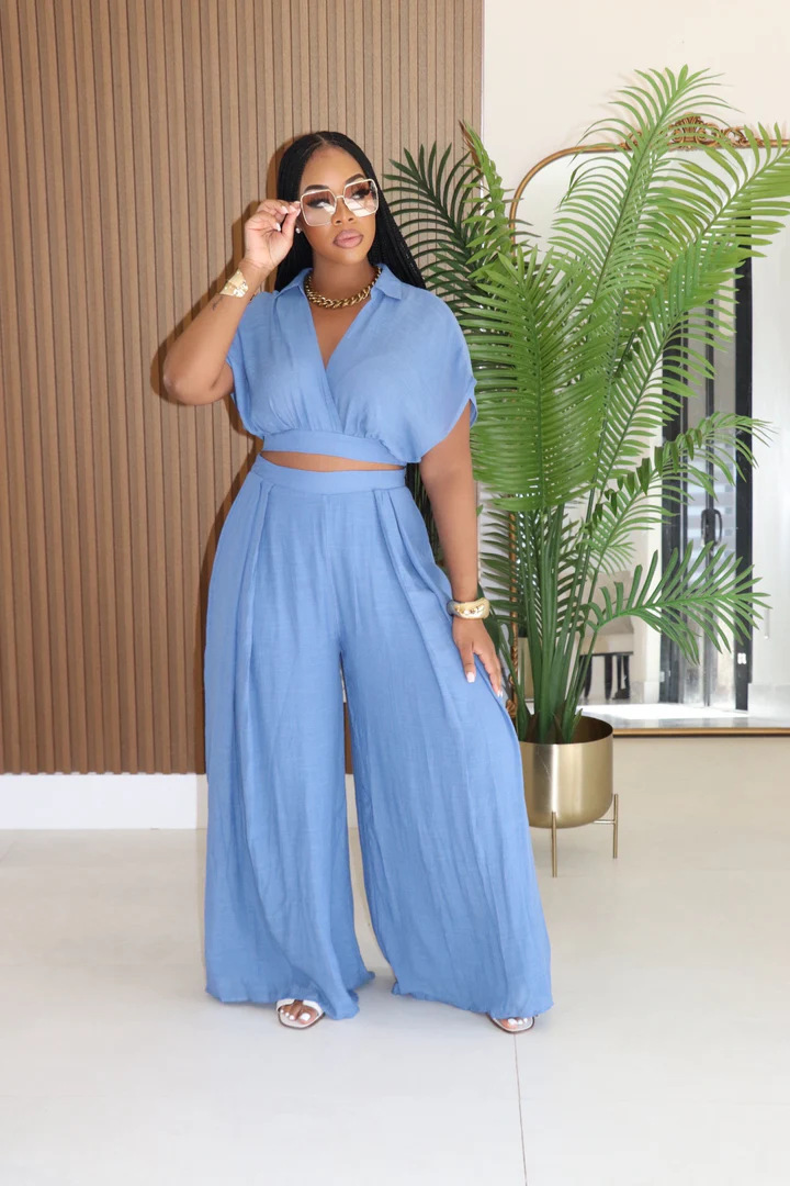 Women african solid turndown collar v neck top wide leg pants two piece set