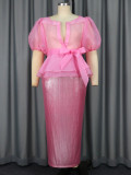 Women Sexy Puff Sleeve See-Through Bow Shirt Bodycon Skirt Elegant Two-Piece Set