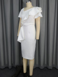 Women Elegant Slash Shoulder Ruffle Bodycon Bow Dresses