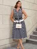 Plus Size Women Turndown Collar Black Polka Dot Belt Sleeveless Dress