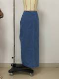 Women Lace-Up Side Slit Denim Skirt