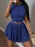Women Summer Elegant Print Round Neck Short Sleeve Top and Skirt Two-piece Set