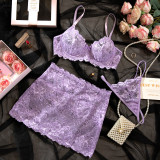 Women Sexy Hollow Purple Lace See-Through Crop Top and Skirt Two-piece Set