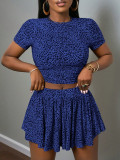 Women Summer Elegant Print Round Neck Short Sleeve Top and Skirt Two-piece Set