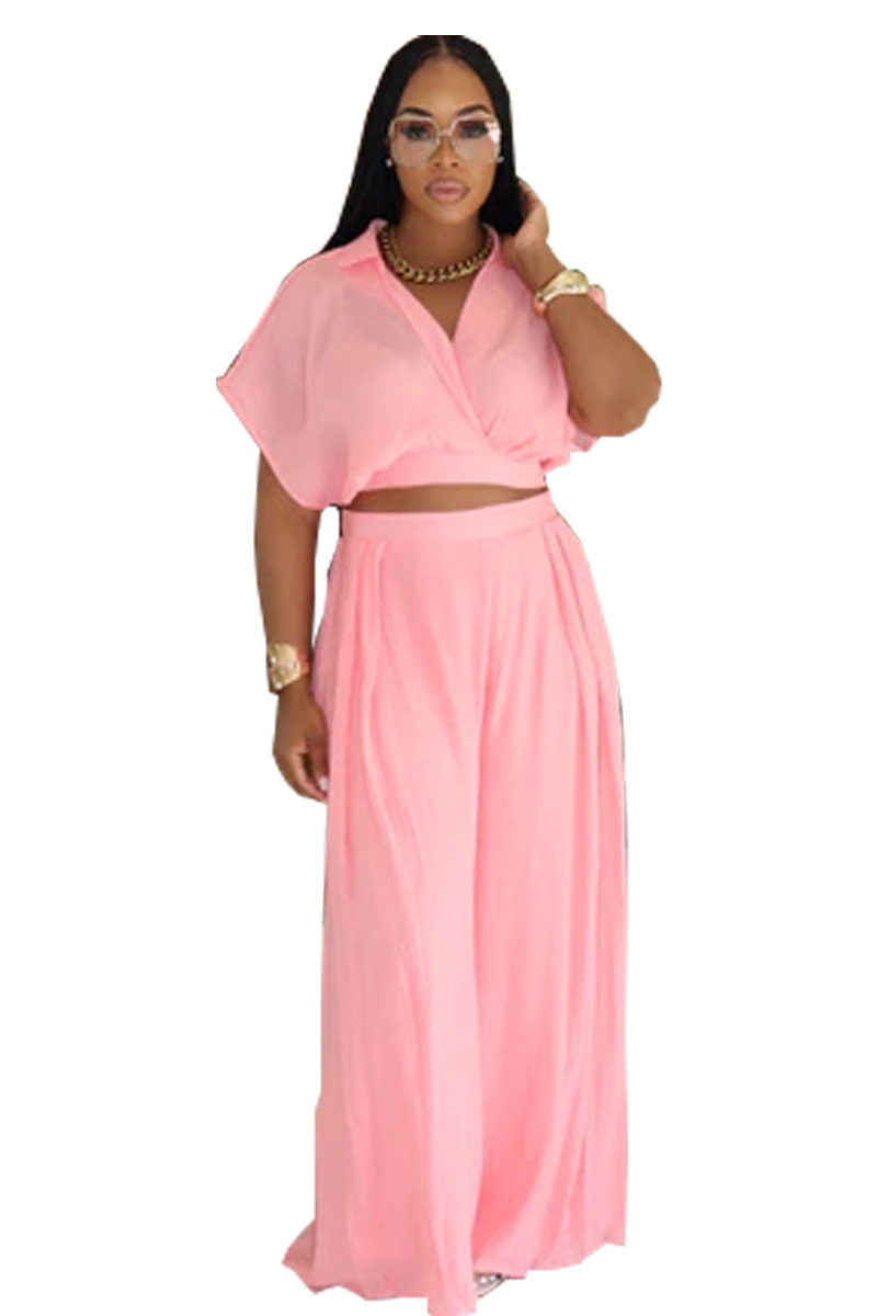 Women african solid turndown collar v neck top wide leg pants two piece set