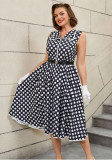 Plus Size Women Turndown Collar Black Polka Dot Belt Sleeveless Dress