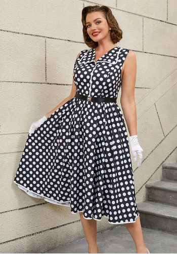 Plus Size Women Turndown Collar Black Polka Dot Belt Sleeveless Dress