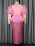 Women Sexy Puff Sleeve See-Through Bow Shirt Bodycon Skirt Elegant Two-Piece Set