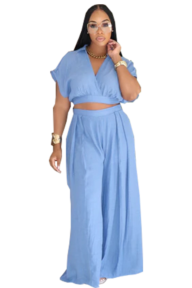 Women african solid turndown collar v neck top wide leg pants two piece set