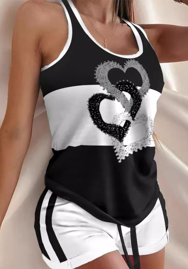 Women Camouflage Anchor Letter Print Top and Drawstring Waist Shorts Two-piece Set