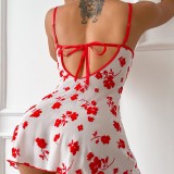 Women Summer Mesh Print See-Through Backless suspender nightdress sexy lingerie