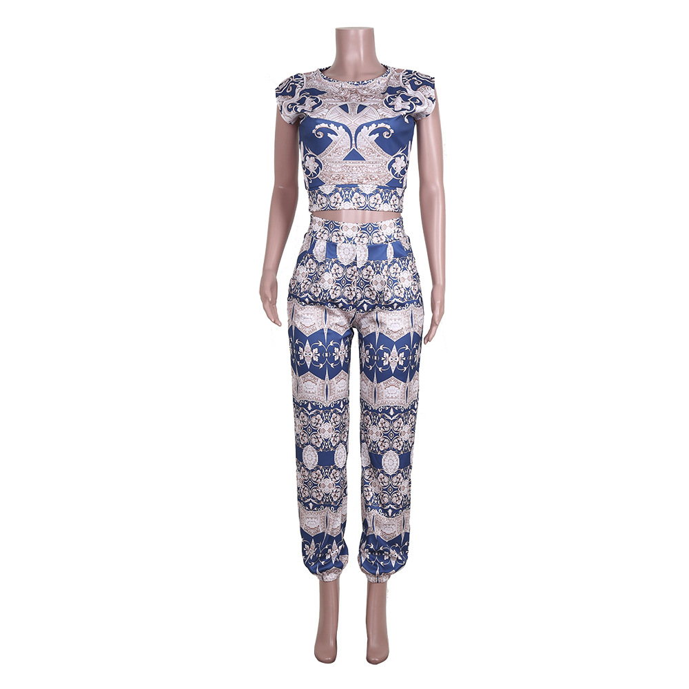 Spring/Summer Women's Printed Short Sleeve Two-Piece Pants Set
