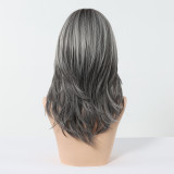 Gray Natural Curly Wig with Dyed Bangs - Synthetic Fiber (Full Head)