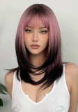 Black to Pink Gradient Bangs Long Straight Wig - Natural Look (Synthetic Fiber)