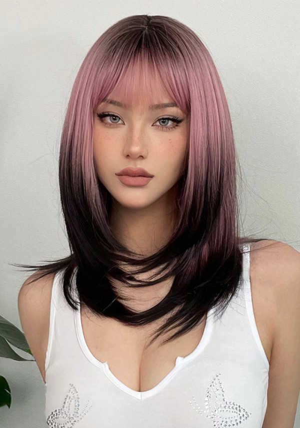 Black to Pink Gradient Bangs Long Straight Wig - Natural Look (Synthetic Fiber)