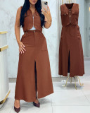 Women's Fashion Solid Color Sleeveless Zipper Metal Ring Vest & High Waist Slit Long Skirt Set