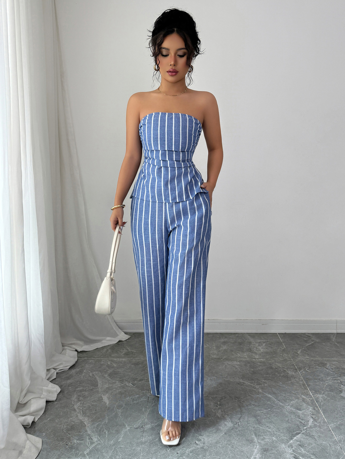 Spring/Summer Women's Fashion Casual Elegant Striped Strapless Vest & Trousers Two-Piece Set