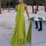 Summer Women's Solid Color Round Neck Sleeveless Sexy Low-Back Beach Long Dress