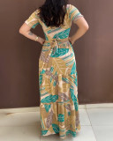 Fashionable Floral Print Short Sleeve Tie Slim Waist Holiday Long Dress