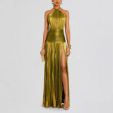 Women's Lace-up Halter-Neck Sleeveless Low-Back Slit Pleated Evening Dress