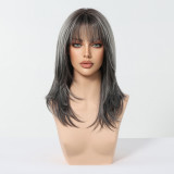 Gray Natural Curly Wig with Dyed Bangs - Synthetic Fiber (Full Head)