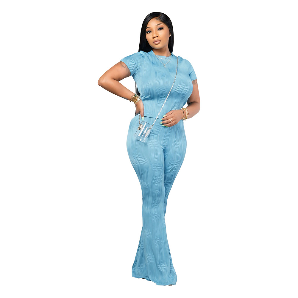 Women's Solid Color Short Sleeve Two-Piece Pants Set