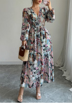 Spring/Summer Women's Chic Elegant Print V-Neck Slim Waist Dress