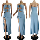 Spring/Summer Strapless Buckle Hollow Split Sexy Long Dress
