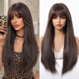 Natural Brown Long Straight Wig with Bangs - Heat Resistant (Full Head)
