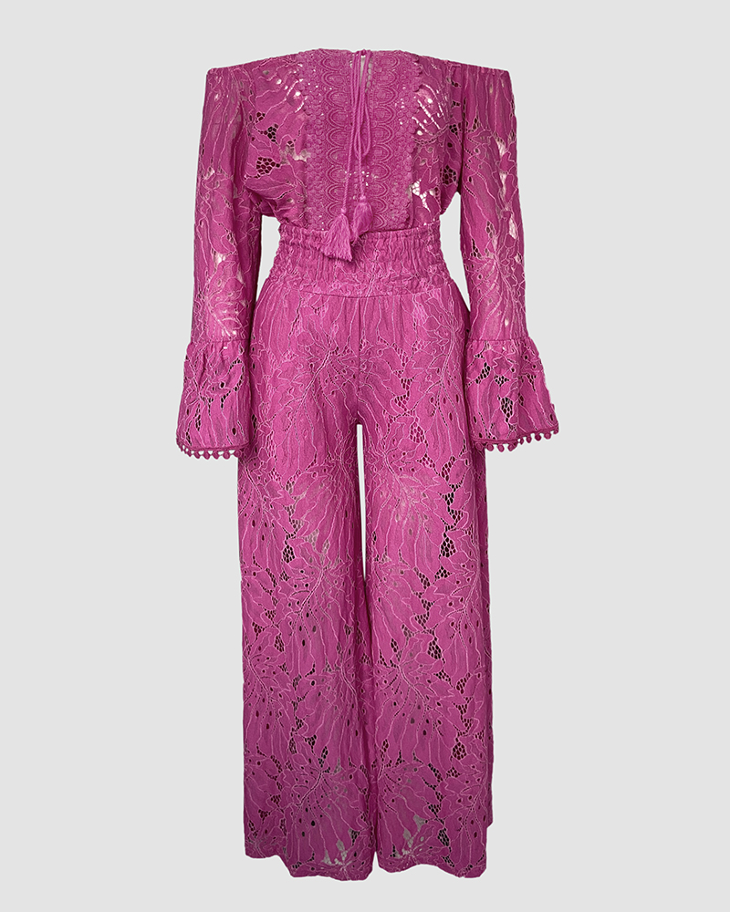 Rose Off-Shoulder Tie Loose Bell-Bottom Sleeve Top & Wide Leg Loose Pants Set