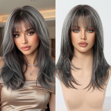Gray Natural Curly Wig with Dyed Bangs - Synthetic Fiber (Full Head)