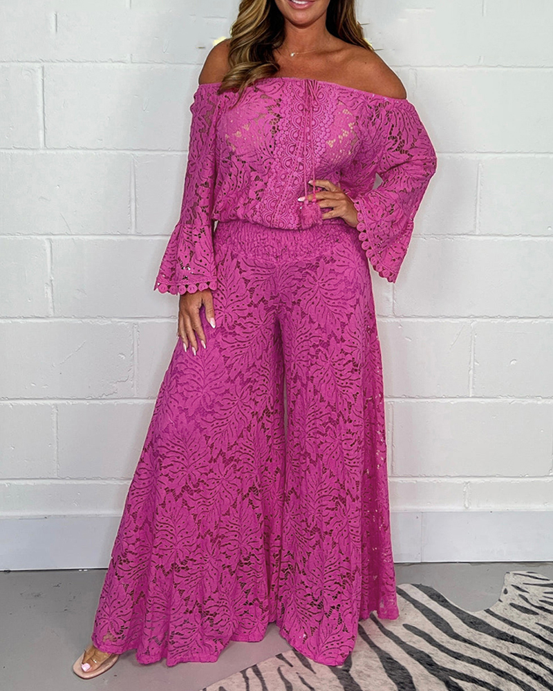 Rose Off-Shoulder Tie Loose Bell-Bottom Sleeve Top & Wide Leg Loose Pants Set