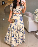 Floral Puff Sleeve Short Top & A-Line Long Skirt Set
