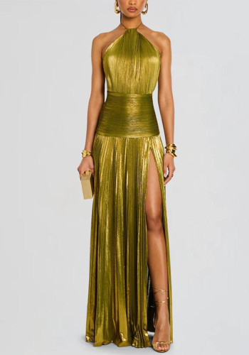 Women's Lace-up Halter-Neck Sleeveless Low-Back Slit Pleated Evening Dress