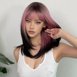 Black to Pink Gradient Bangs Long Straight Wig - Natural Look (Synthetic Fiber)