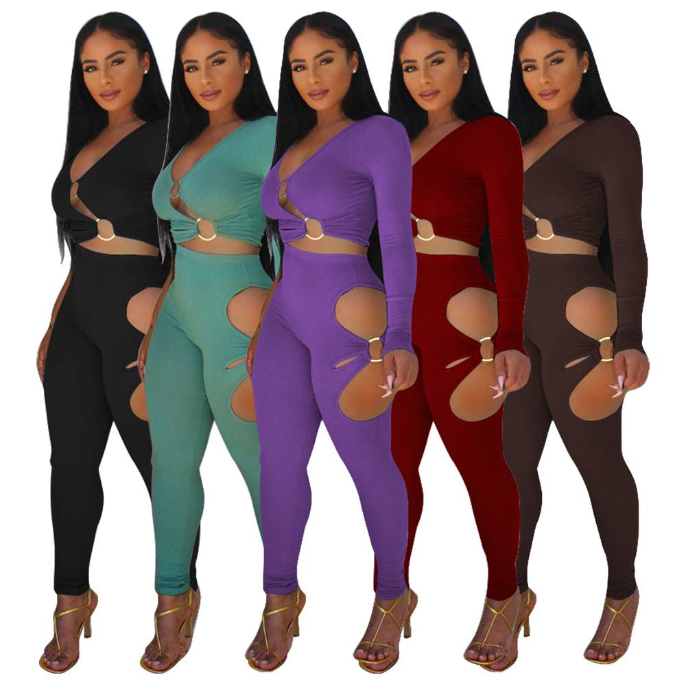 Fashionable Women's Solid Color High-Stretch Ribbed Sexy V-Neck Two-Piece Pants Set