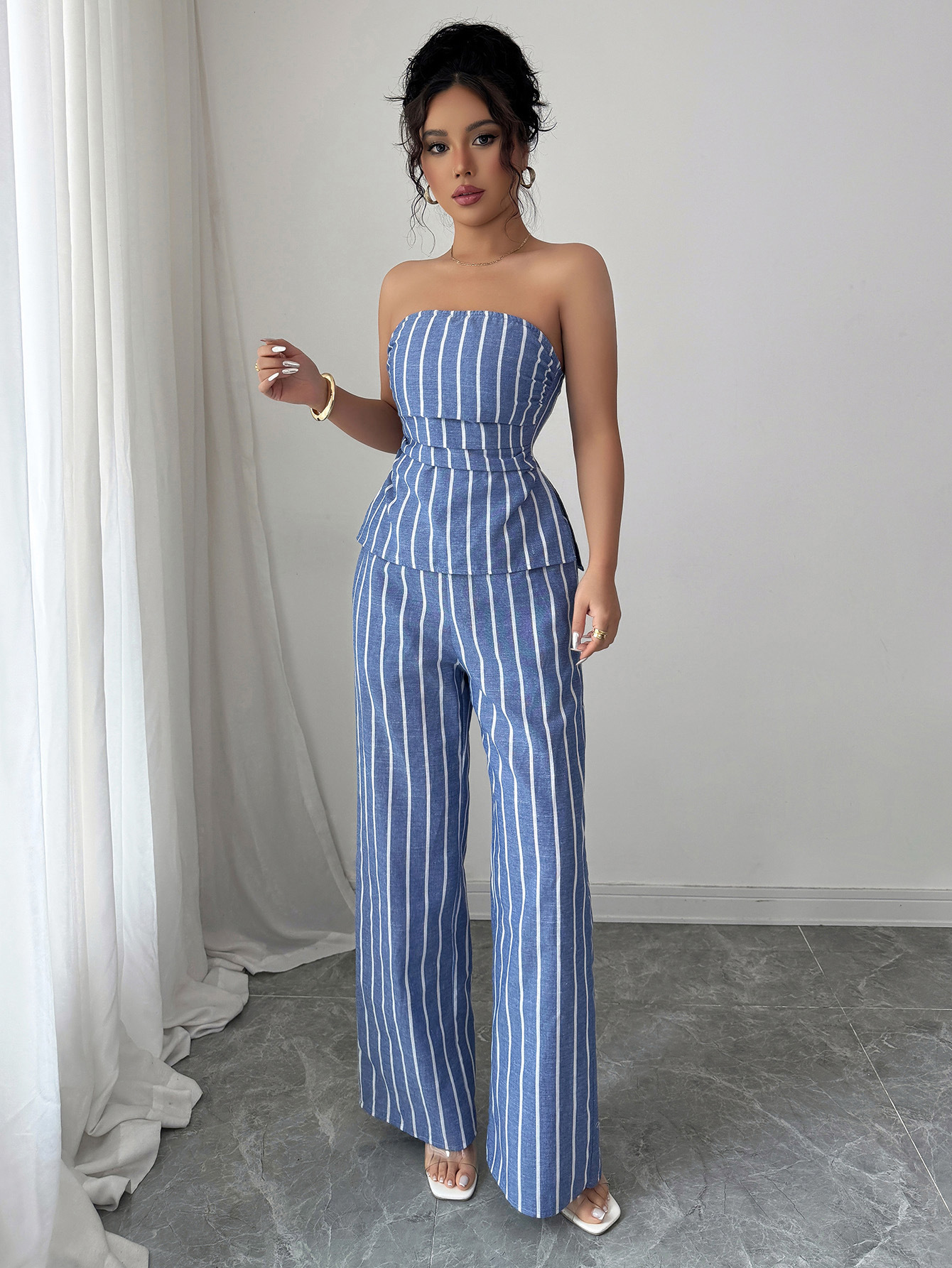 Spring/Summer Women's Fashion Casual Elegant Striped Strapless Vest & Trousers Two-Piece Set