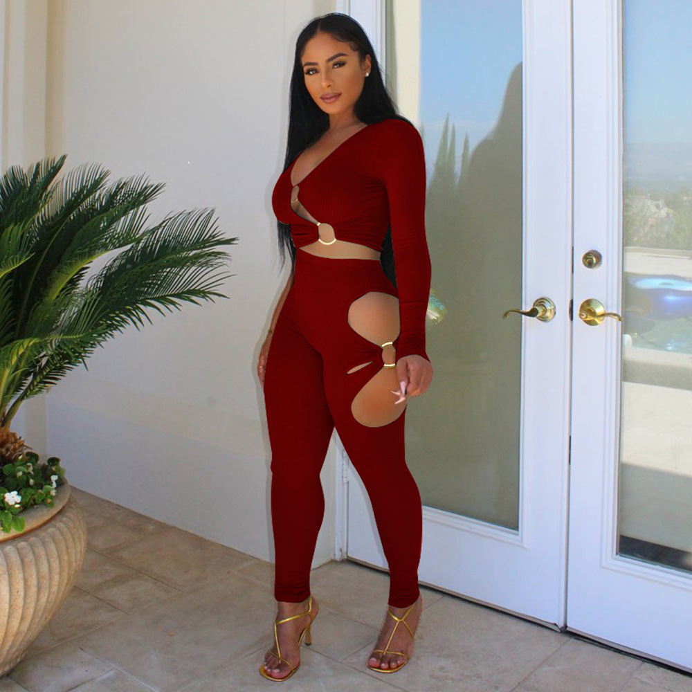 Fashionable Women's Solid Color High-Stretch Ribbed Sexy V-Neck Two-Piece Pants Set