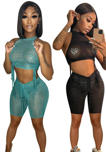 Women's Sexy Print See-Through Drawstring Dress