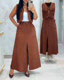 Women's Fashion Solid Color Sleeveless Zipper Metal Ring Vest & High Waist Slit Long Skirt Set