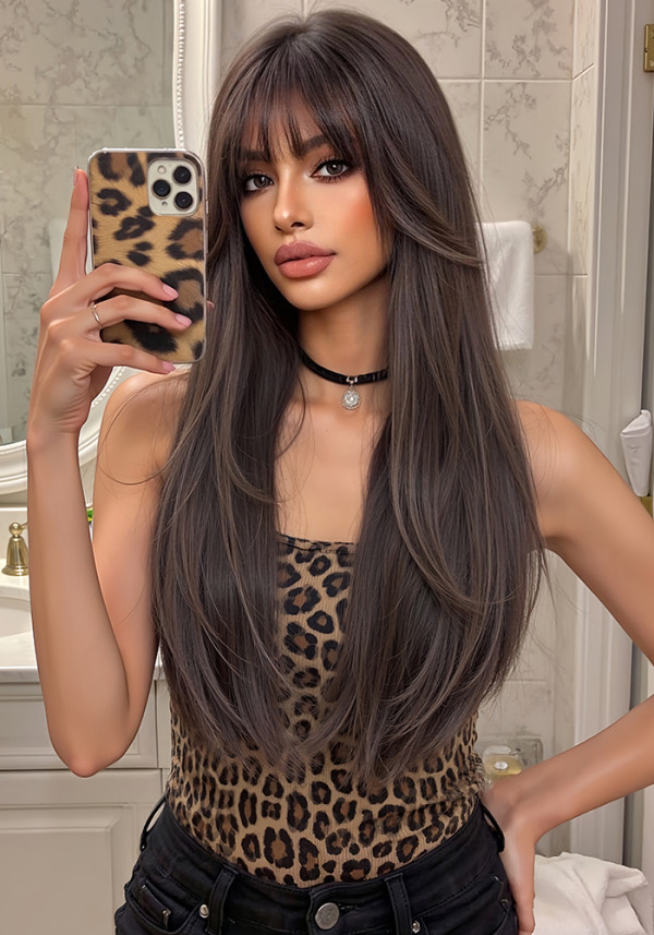 Natural Brown Long Straight Wig with Bangs - Heat Resistant (Full Head)