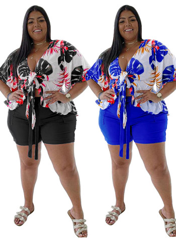 Summer Plus Size Two-Piece Printed Casual T-Shirt & Shorts Set