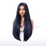 26  Dark Blue High-Layered Straight Wig - Middle Part, Long Bangs [Festival/Cos] (Full Head)