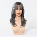Gray Natural Curly Wig with Dyed Bangs - Synthetic Fiber (Full Head)